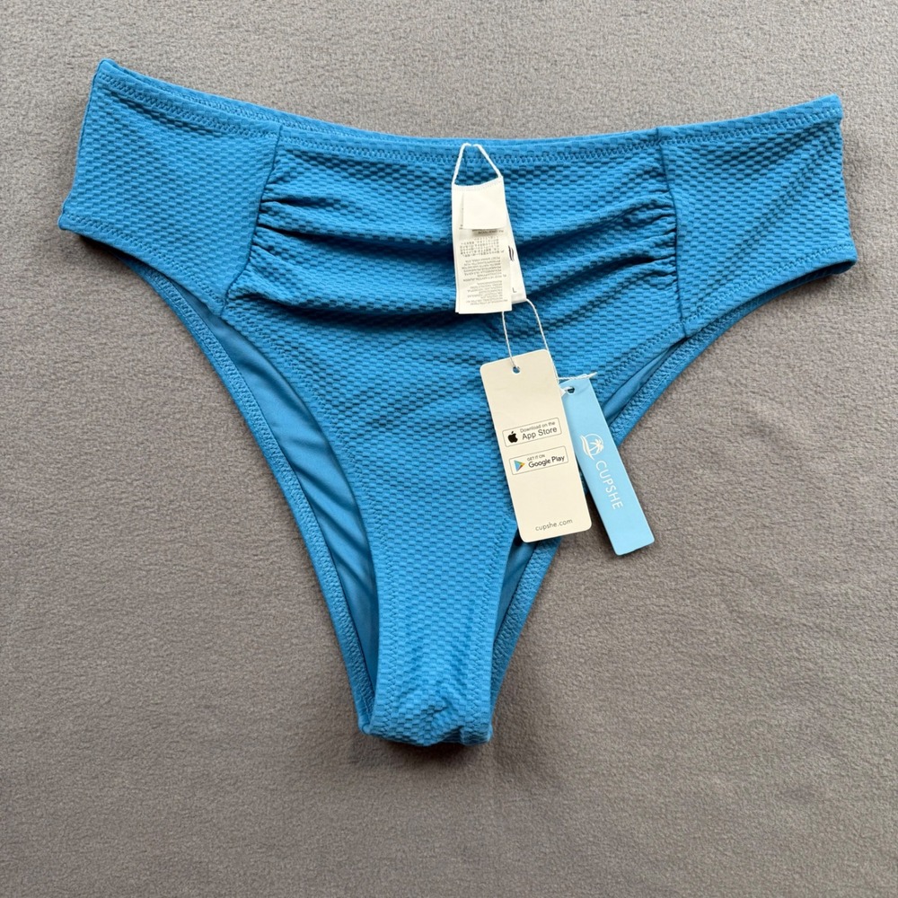 CUPSHE Bikini Bottom Textured Ruched High Waist Coastal Resortwear Large